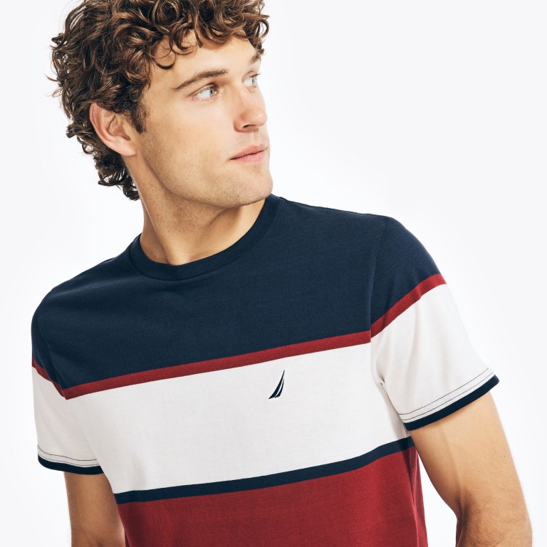 Nautica Striped Crewneck T-shirts Heren Donkerblauw | KyaRwPQu