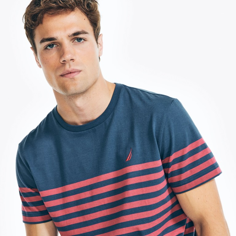 Nautica Striped Crewneck T-shirts Heren Blauw | MyPfcMyw