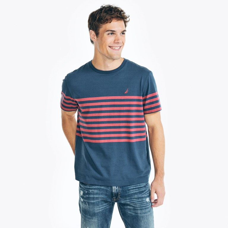 Nautica Striped Crewneck T-shirts Heren Blauw | MyPfcMyw