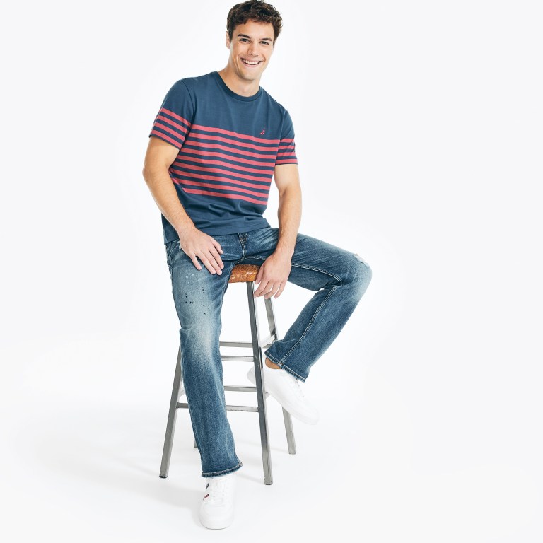 Nautica Striped Crewneck T-shirts Heren Blauw | MyPfcMyw