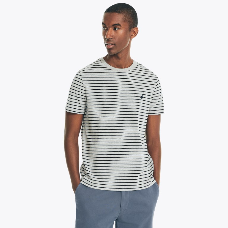 Nautica Striped Crewneck T-shirts Heren Grijs | jT8xpaRH