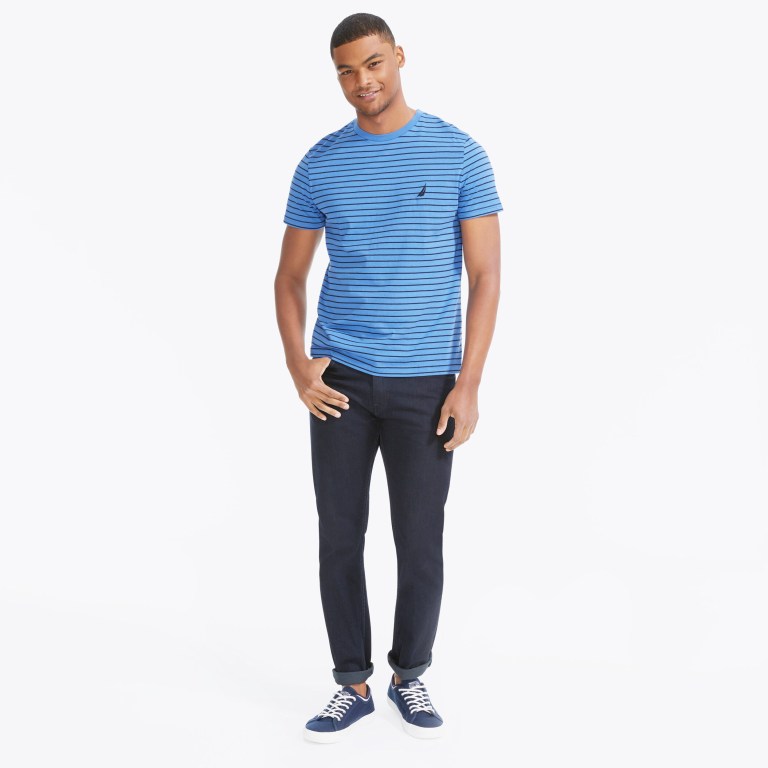 Nautica Striped Crewneck T-shirts Heren Blauw | qISkAvZa