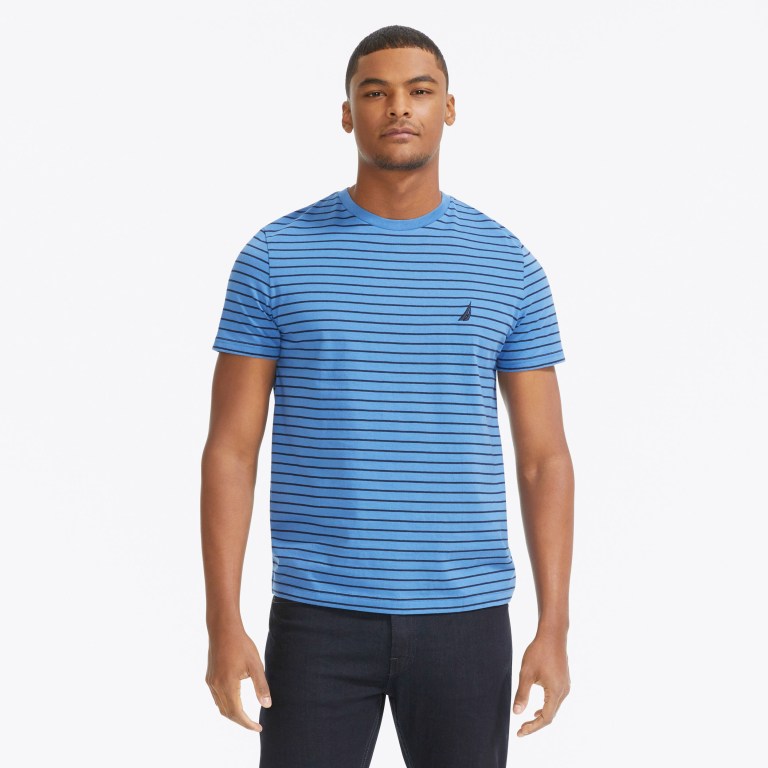 Nautica Striped Crewneck T-shirts Heren Blauw | qISkAvZa