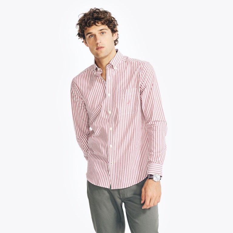 Nautica Striped Poplin Overhemd Heren Rood | lDkUhmf7