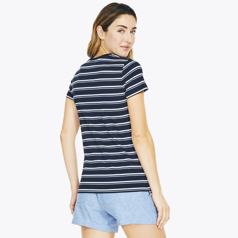 Nautica Striped V-neck T-shirts Dames Blauw | LryWFJLD