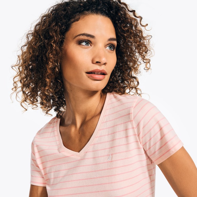 Nautica Striped V-neck T-shirts Dames Gekleurd Roze | U3QVsTSO