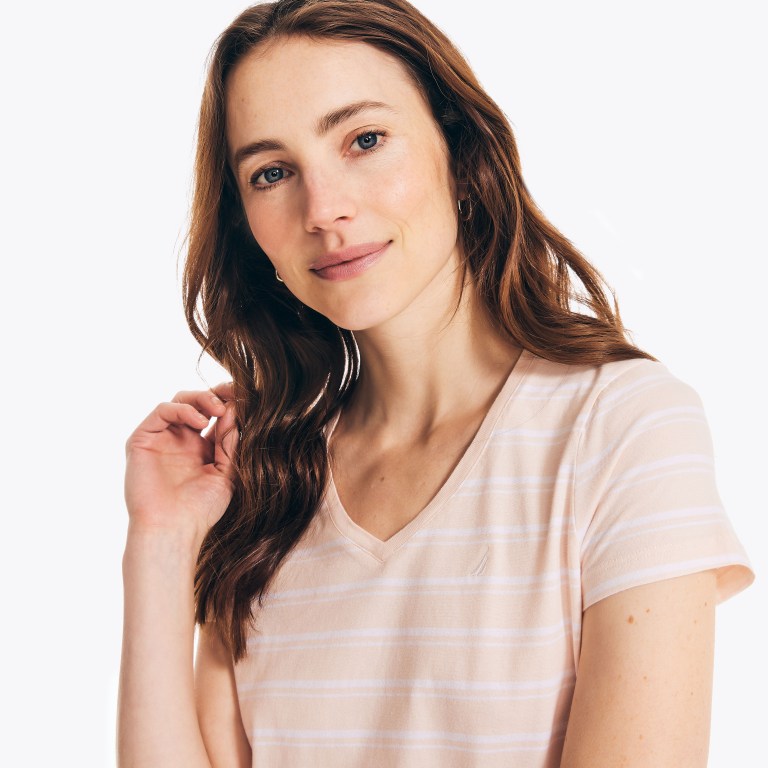 Nautica Striped V-neck T-shirts Dames Roze | A0L2bqp0