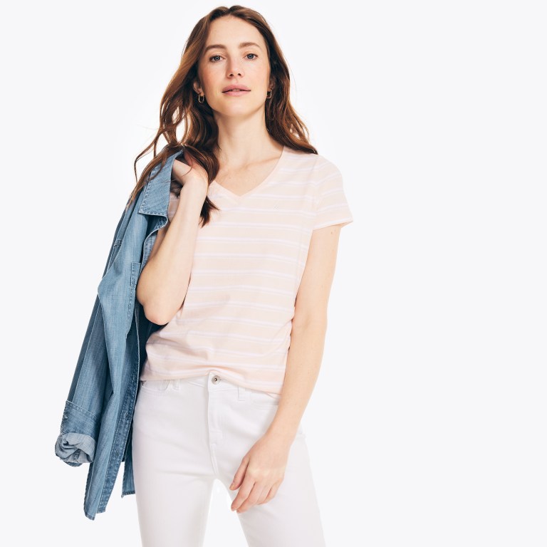 Nautica Striped V-neck T-shirts Dames Roze | A0L2bqp0