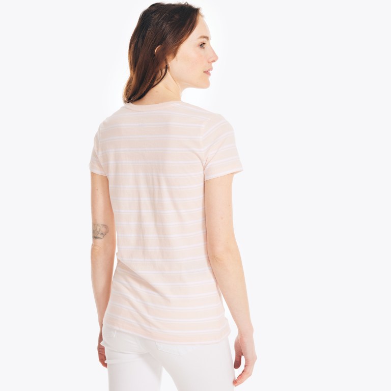 Nautica Striped V-neck T-shirts Dames Roze | A0L2bqp0