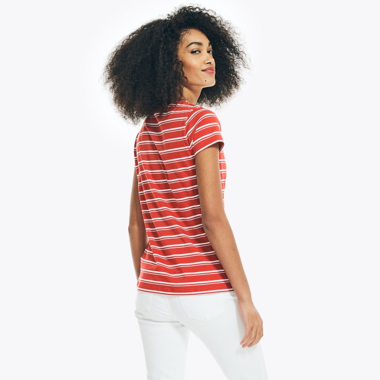 Nautica Striped V-neck T-shirts Dames Rood | DjR2MzCn