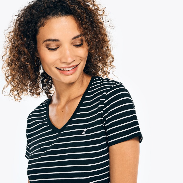 Nautica Striped V-neck T-shirts Dames Zwart | hU7w8qQz