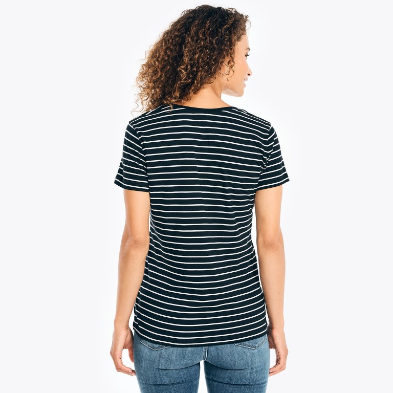 Nautica Striped V-neck T-shirts Dames Zwart | hU7w8qQz