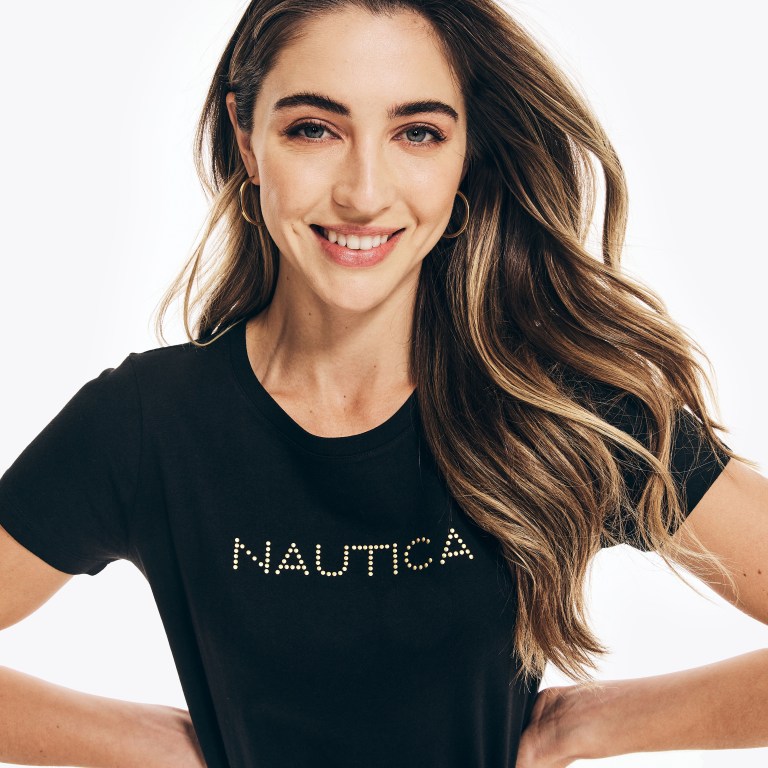 Nautica Studded Logo Crewneck T-shirts Dames Zwart | JWF9G2Zu