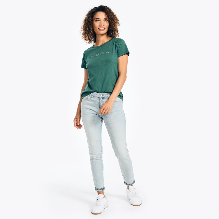 Nautica Studded Logo Crewneck T-shirts Dames Groen | OASmUi4s