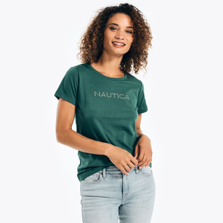 Nautica Studded Logo Crewneck T-shirts Dames Groen | OASmUi4s