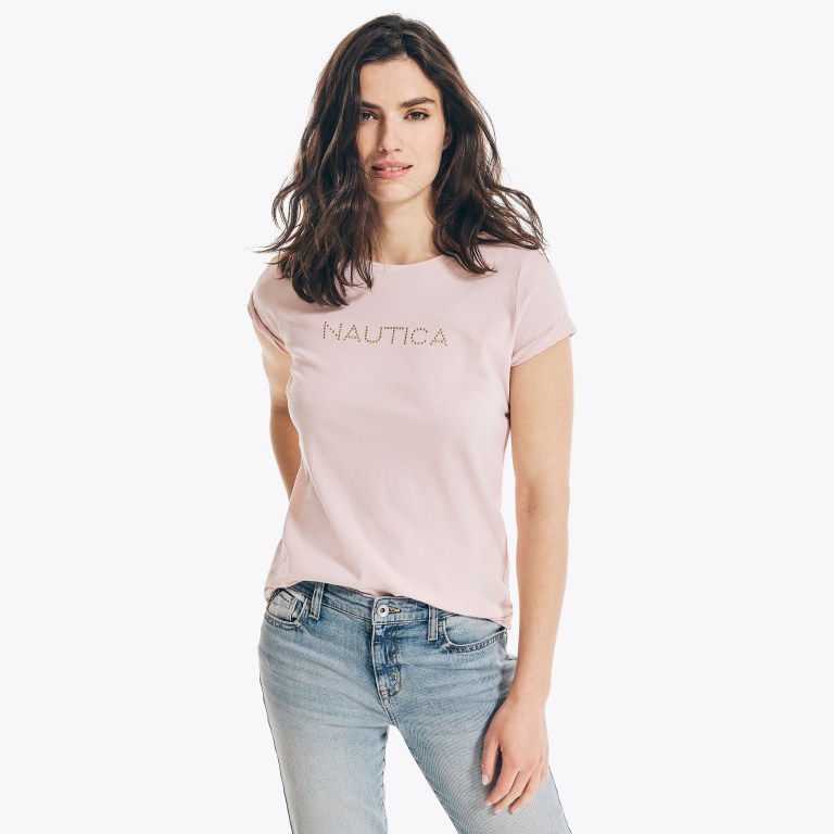 Nautica Studded Logo Crewneck T-shirts Dames Roze | VWdKp9D5