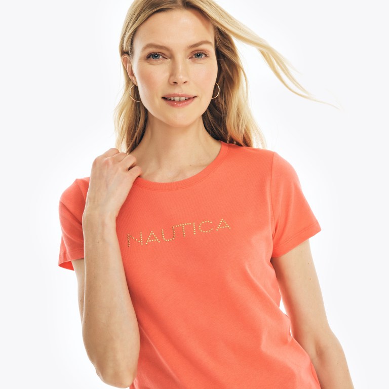 Nautica Studded Logo Crewneck T-shirts Dames Oranje | rZKjrV9x