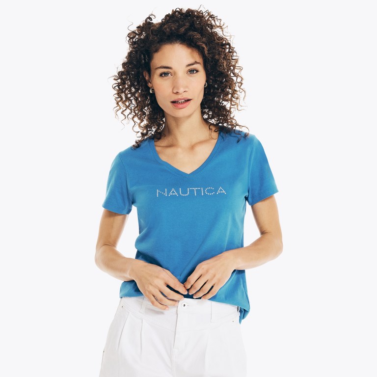 Nautica Studded Logo V-neck T-shirts Dames Donkerblauw | Ab3rSztB