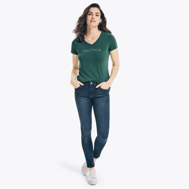 Nautica Studded Logo V-neck T-shirts Dames Gekleurd | DwAjXsiK