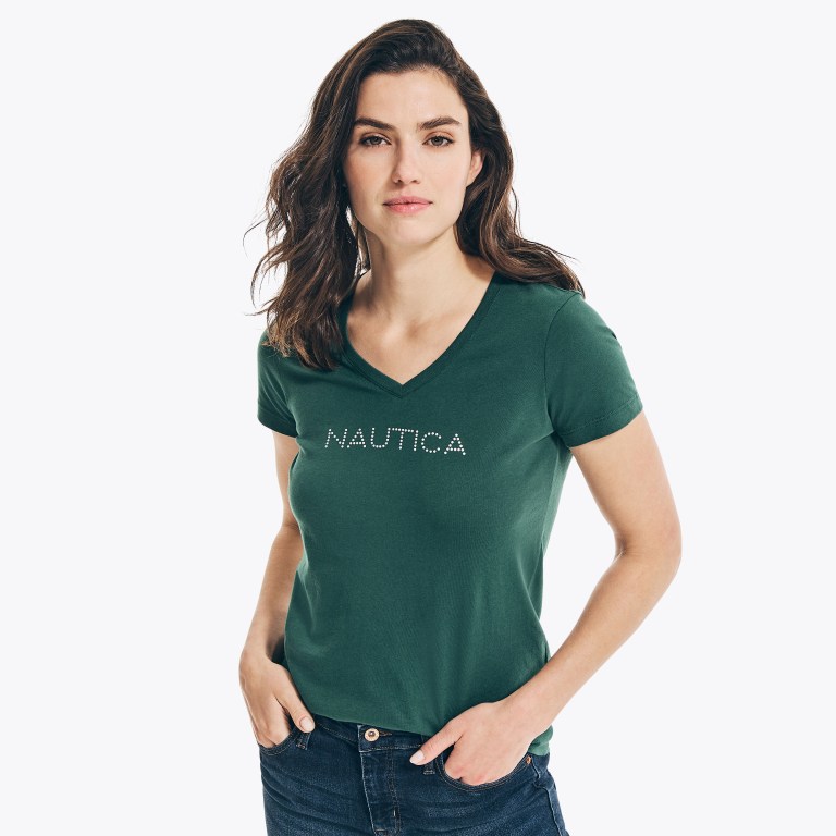 Nautica Studded Logo V-neck T-shirts Dames Gekleurd | DwAjXsiK