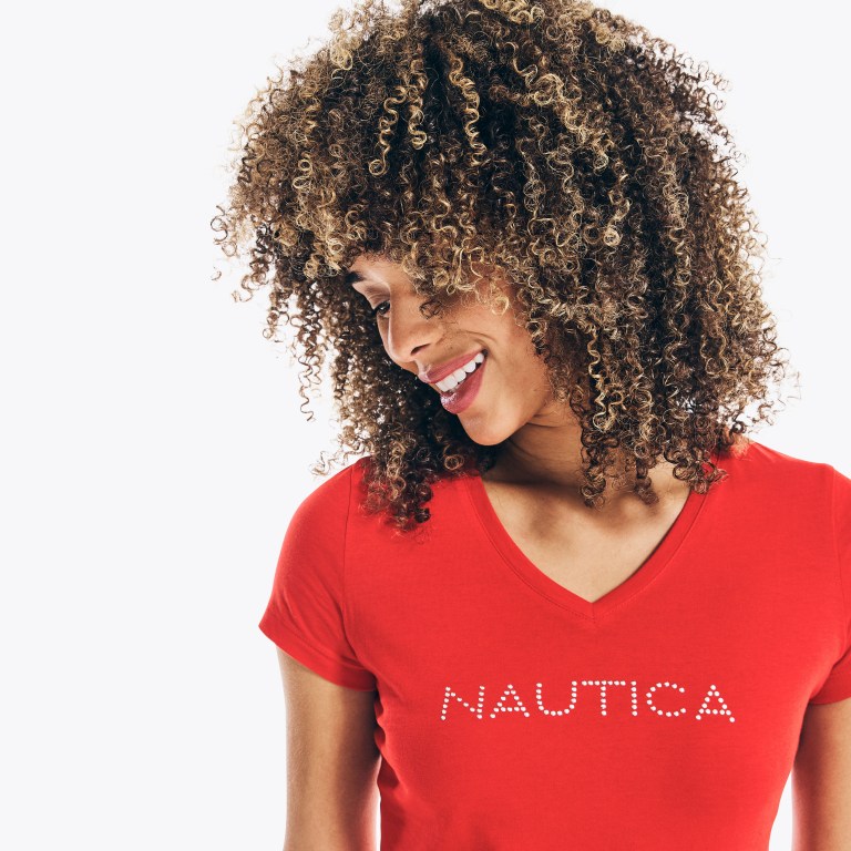 Nautica Studded Logo V-neck T-shirts Dames Rood | aHJzzdrM