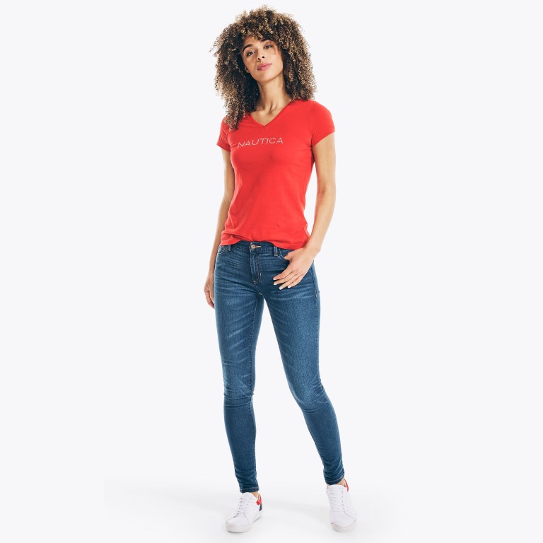 Nautica Studded Logo V-neck T-shirts Dames Rood | aHJzzdrM