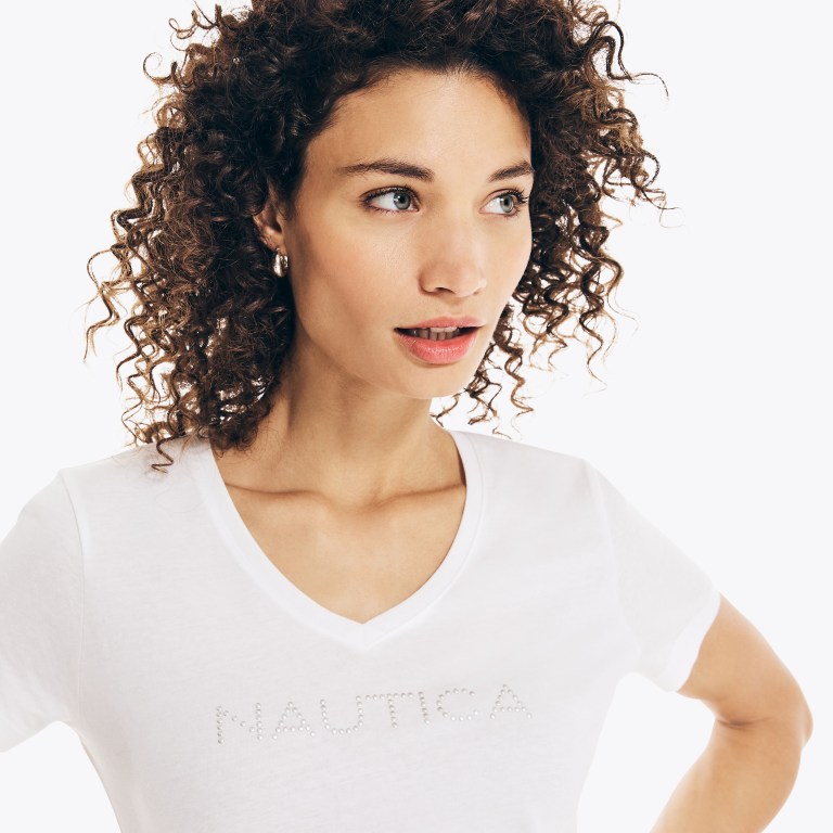 Nautica Studded Logo V-neck T-shirts Dames Wit | dMmttCg3