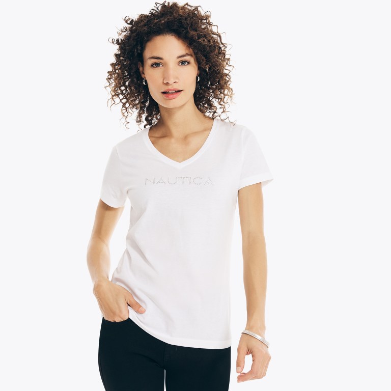 Nautica Studded Logo V-neck T-shirts Dames Wit | dMmttCg3