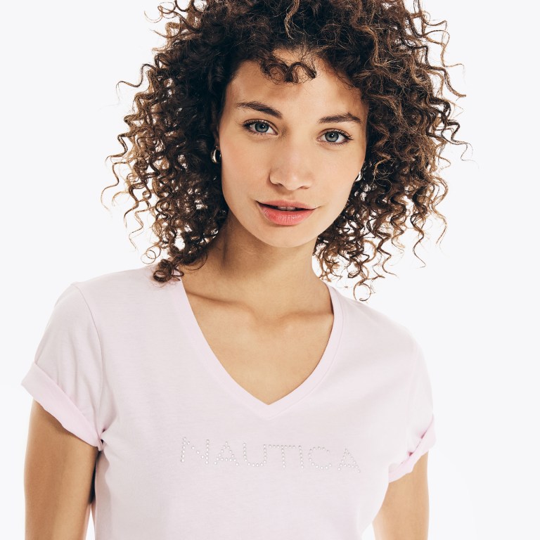 Nautica Studded Logo V-neck T-shirts Dames Roze | twZxOmid