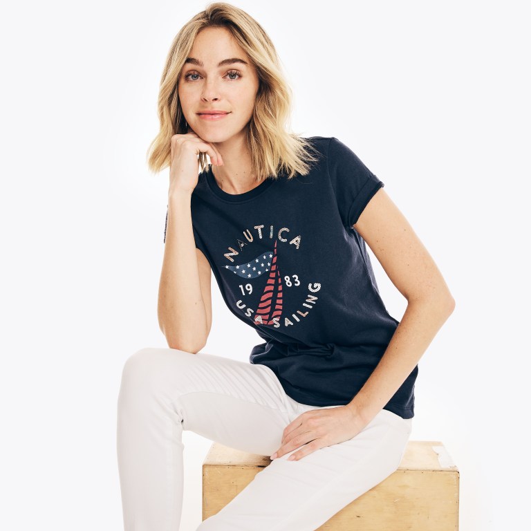 Nautica Sustainably Crafted Americana Grafische T-shirts Dames Blauw | oEuxdMBz