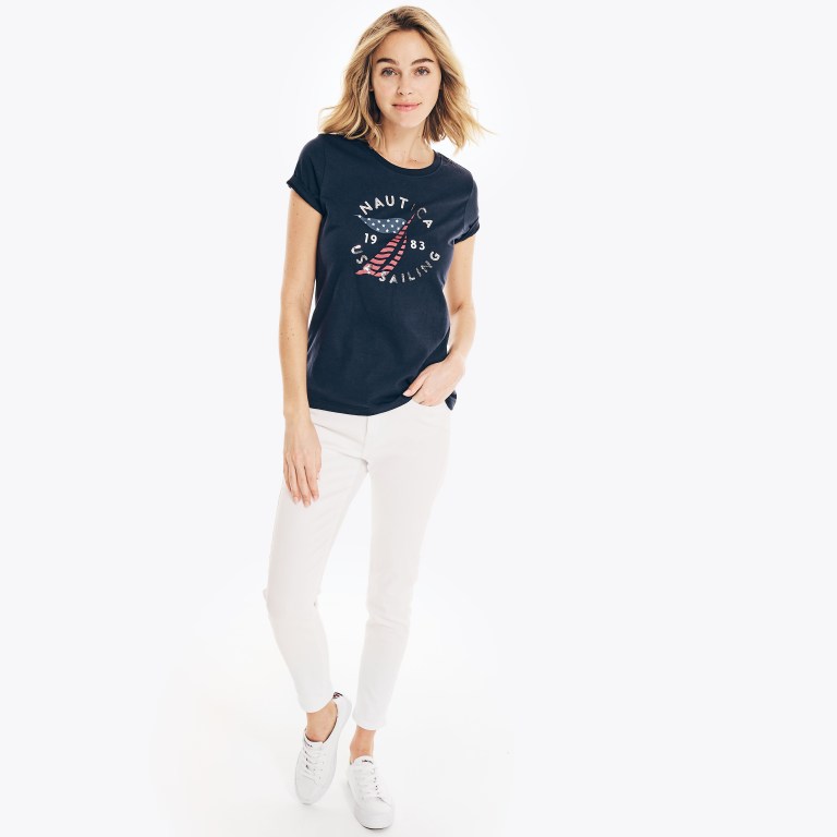 Nautica Sustainably Crafted Americana Grafische T-shirts Dames Blauw | oEuxdMBz