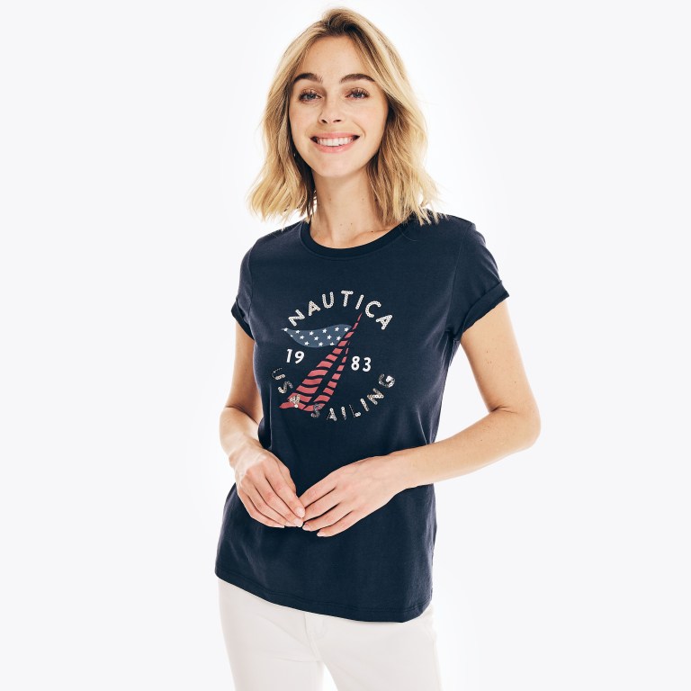 Nautica Sustainably Crafted Americana Grafische T-shirts Dames Blauw | oEuxdMBz