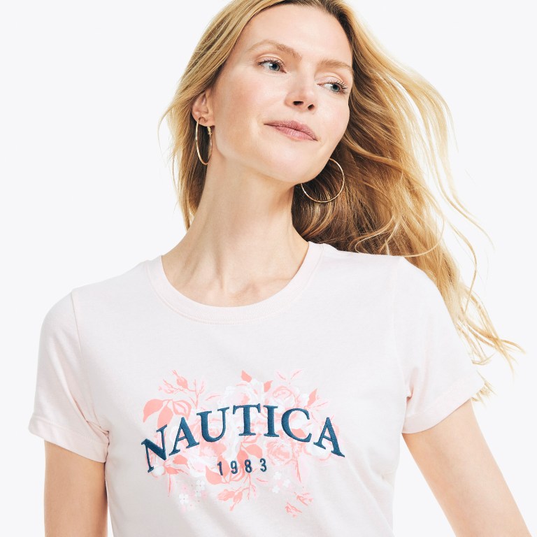 Nautica Sustainably Crafted Embroidered Floral Logo Grafische T-shirts Dames Gekleurd Roze | GSyMfDwb