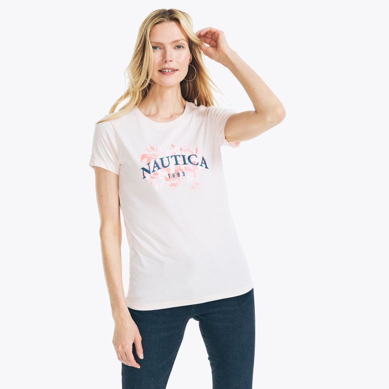 Nautica Sustainably Crafted Embroidered Floral Logo Grafische T-shirts Dames Gekleurd Roze | GSyMfDwb