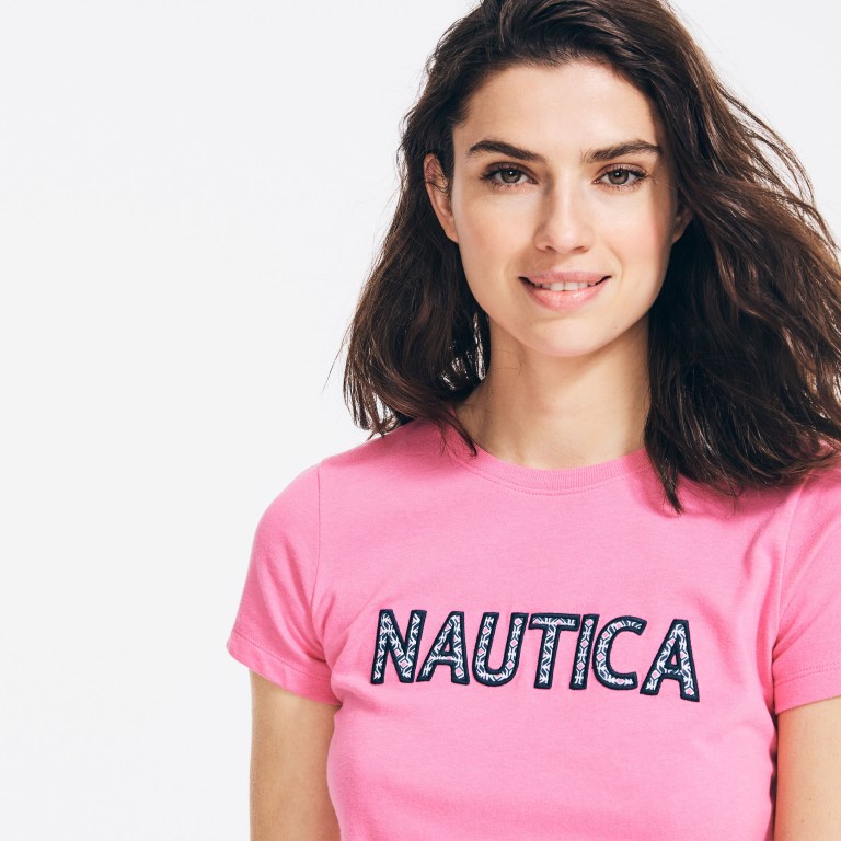 Nautica Sustainably Crafted Embroidered Logo T-shirts Dames Roze | LO4WHDnp