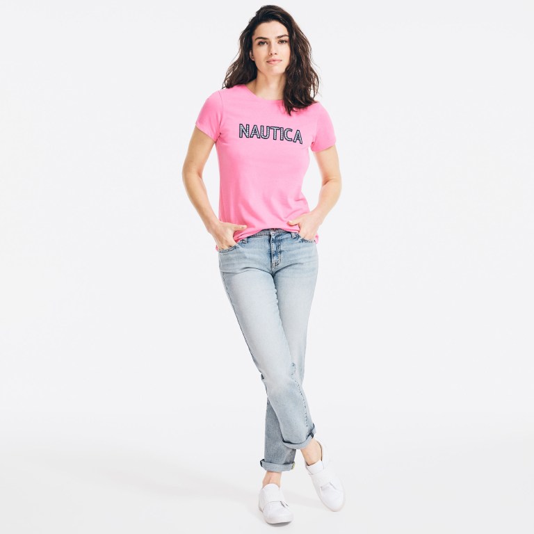 Nautica Sustainably Crafted Embroidered Logo T-shirts Dames Roze | LO4WHDnp