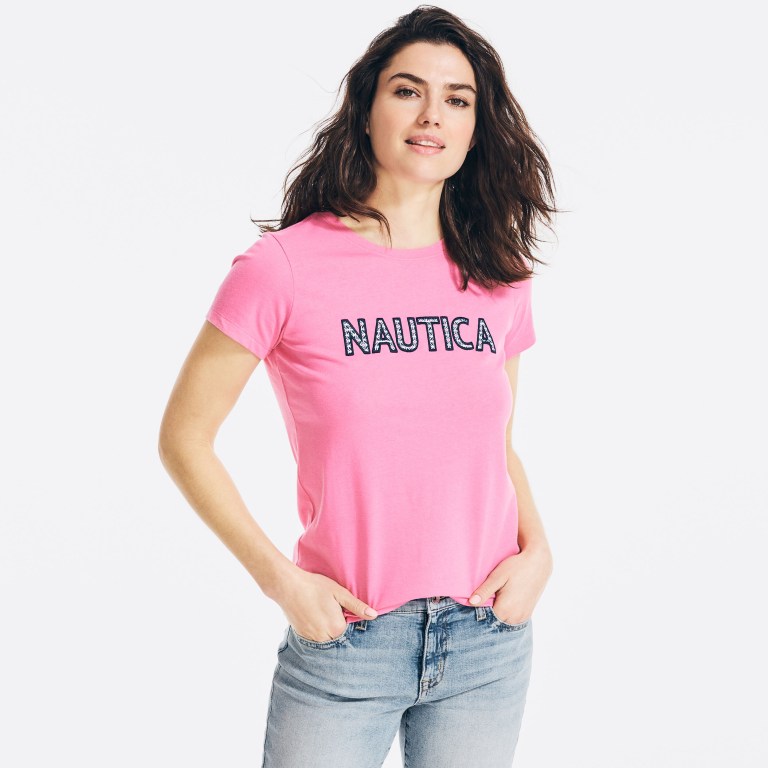 Nautica Sustainably Crafted Embroidered Logo T-shirts Dames Roze | LO4WHDnp