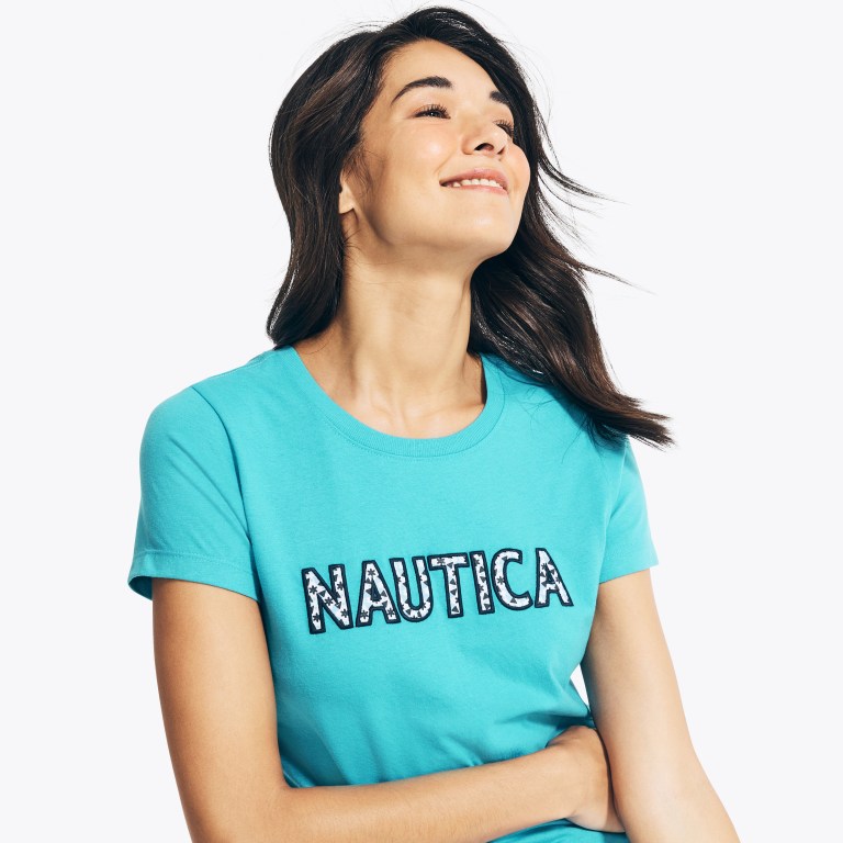 Nautica Sustainably Crafted Embroidered Logo Grafische T-shirts Dames Blauw | moKN2EcX