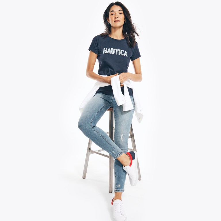 Nautica Sustainably Crafted Embroidered Logo Grafische T-shirts Dames Blauw | plnYfat8