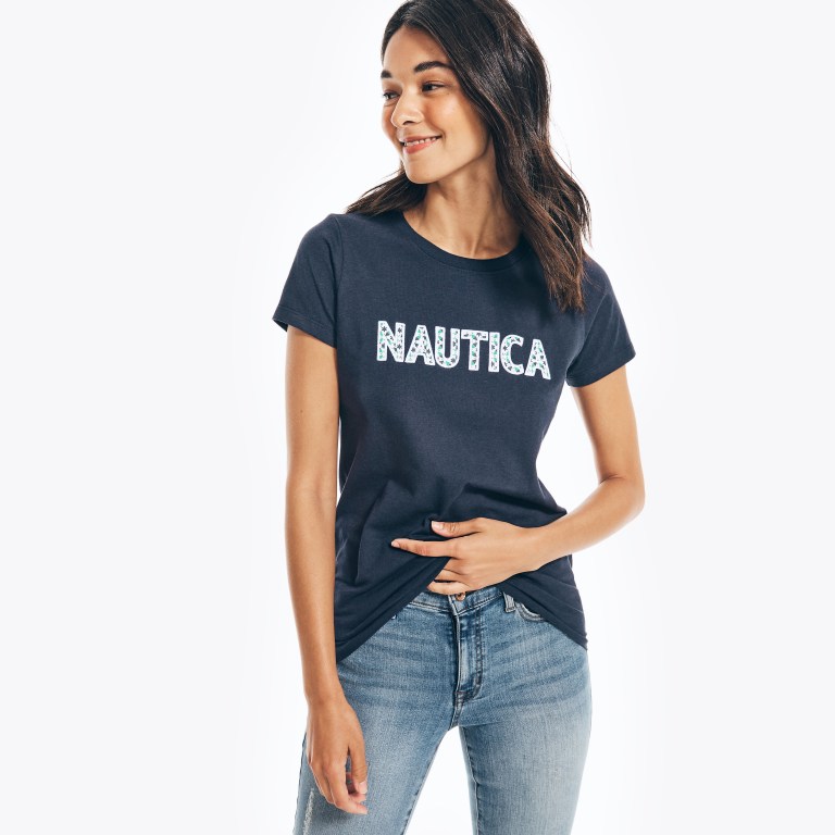 Nautica Sustainably Crafted Embroidered Logo Grafische T-shirts Dames Blauw | plnYfat8