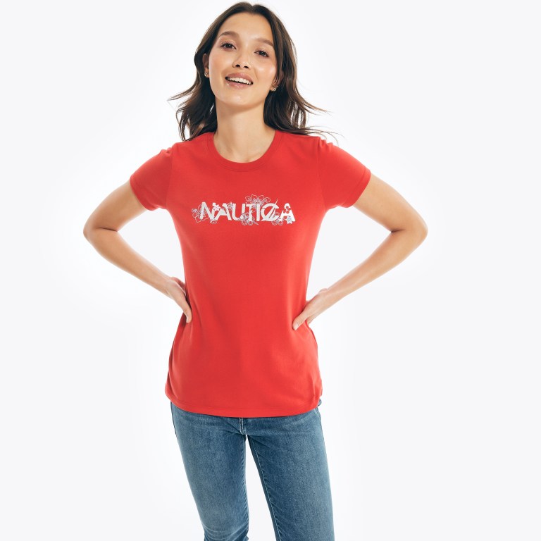 Nautica Sustainably Crafted Floral Foil Logo T-shirts Dames Rood | NfMfSW4H