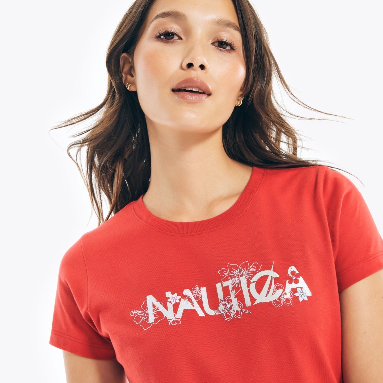 Nautica Sustainably Crafted Floral Foil Logo T-shirts Dames Rood | NfMfSW4H