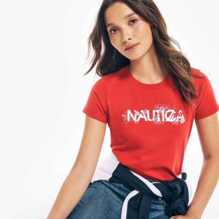 Nautica Sustainably Crafted Floral Foil Logo T-shirts Dames Rood | NfMfSW4H