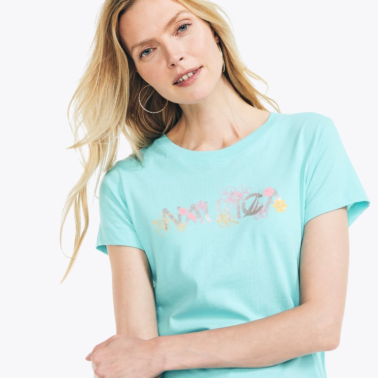 Nautica Sustainably Crafted Floral Foil Logo T-shirts Dames Blauw | hmMr5VbC