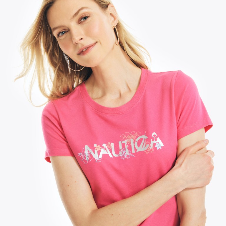 Nautica Sustainably Crafted Floral Foil Logo T-shirts Dames Roze | mQkcTZaW