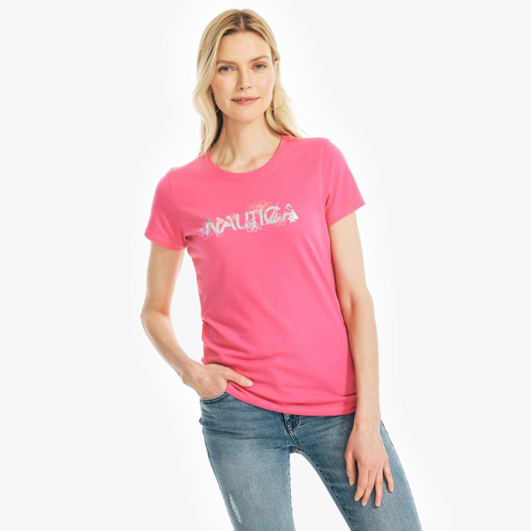 Nautica Sustainably Crafted Floral Foil Logo T-shirts Dames Roze | mQkcTZaW