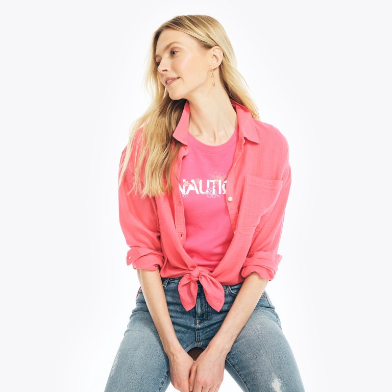 Nautica Sustainably Crafted Floral Foil Logo T-shirts Dames Roze | mQkcTZaW