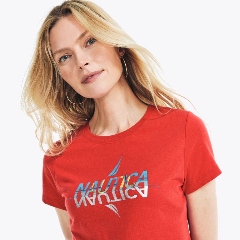 Nautica Sustainably Crafted Foil Logo Grafische T-shirts Dames Rood | f5QGFBUt