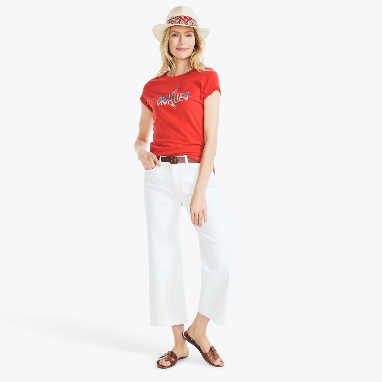 Nautica Sustainably Crafted Foil Logo Grafische T-shirts Dames Rood | f5QGFBUt