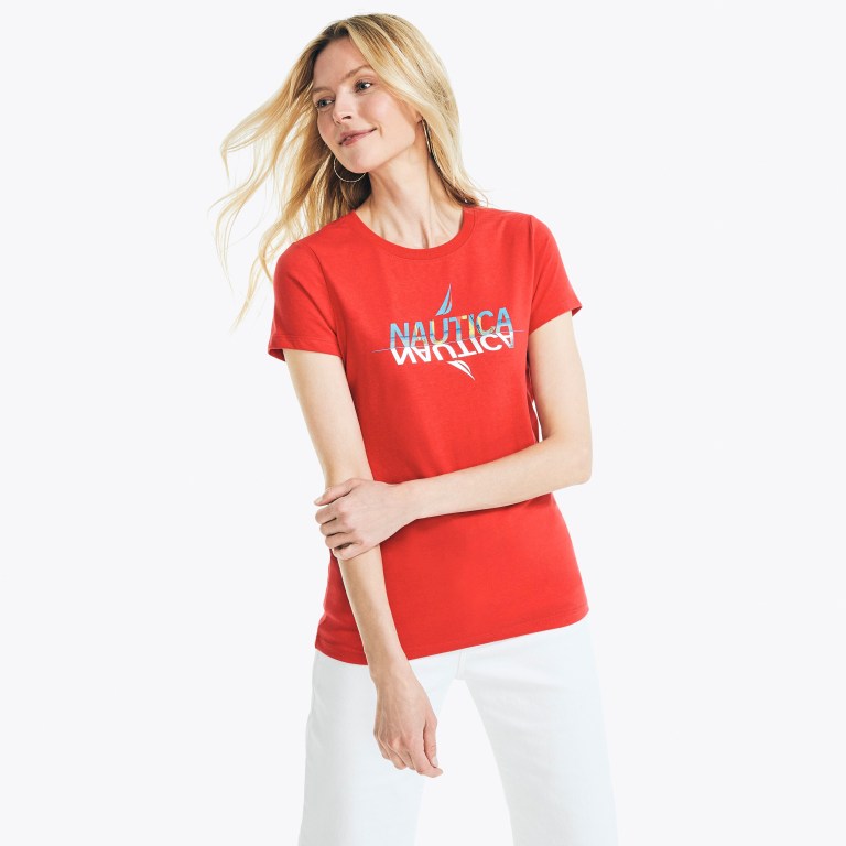 Nautica Sustainably Crafted Foil Logo Grafische T-shirts Dames Rood | f5QGFBUt